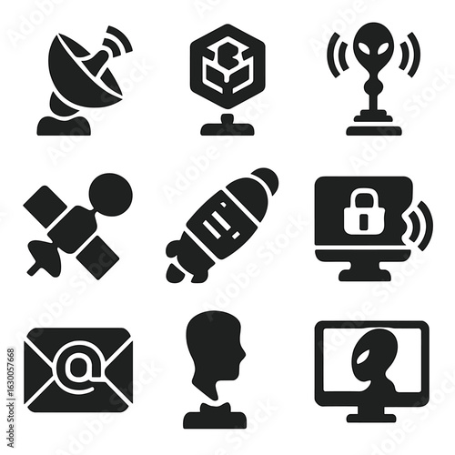 Interstellar Communication Icons. Solid, filled icons set of interstellar communication tools: satellite dish,