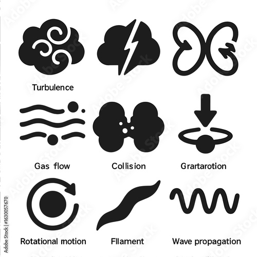 Interstellar Dynamics Icons. Solid, filled icons set of interstellar dynamics: turbulence, shock front,