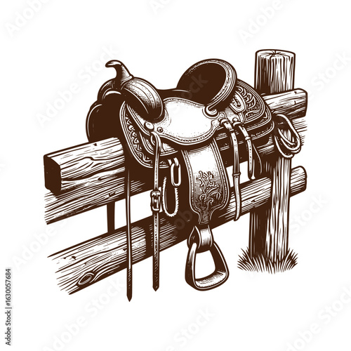 Western Saddle on Fence Post – Black and White Vector Illustration for Tracing or Engraving