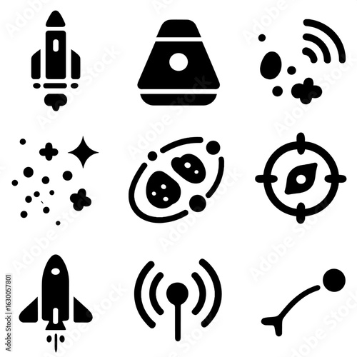 Interstellar Probe Icons. Solid, filled icons set of interstellar probes: rocket booster, space capsule, data