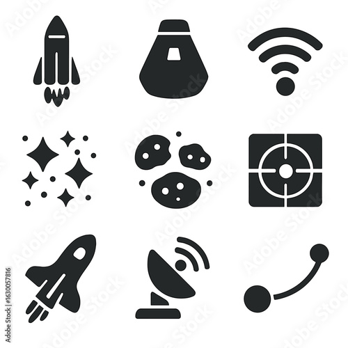 Interstellar Probe Icons. Solid, filled icons set of interstellar probes: rocket booster, space capsule, data