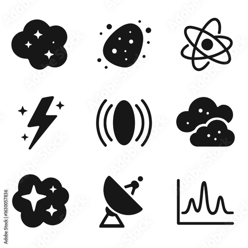 Interstellar Study Icons. Solid, filled icons set of the study of the interstellar medium: nebula cloud,