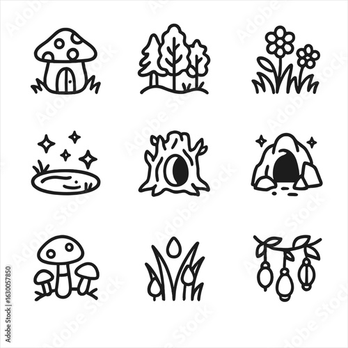 Goblin and Fairy Icons. Outline icon set of goblin equipment: leather vest, spiked boots, belt pouch, fingerless gloves, hooded