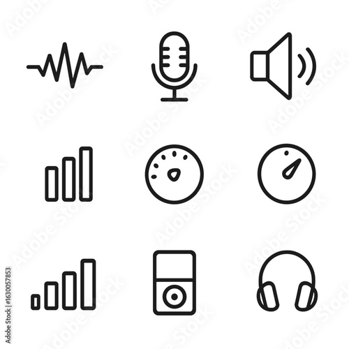 Sound Icon Grid. Outline icon set of sound pulse: audio waveform, microphone, speaker cone, equalizer, bass booster, volume knob,