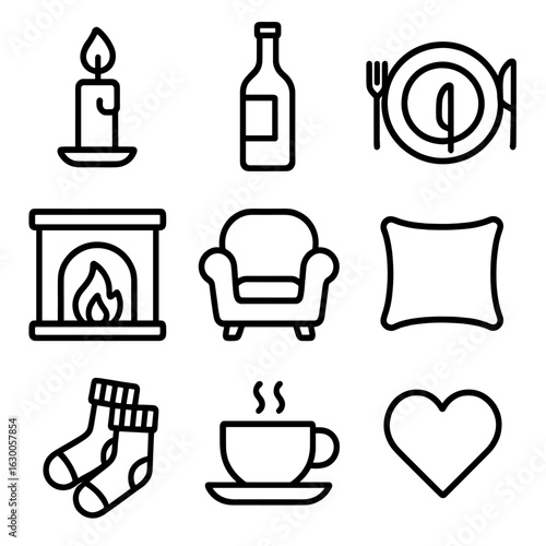 Intimate Dinner Icons. Outline icon set of intimate dinners and warm ambiance: candle, wine bottle, plate with