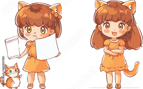 Charming Anime Girls with Feline Features and a Cute Cat Companion