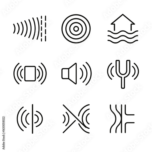 Soundwave Propagation Icons. Outline icon set of soundwave propagation: air pressure waves, water waves, seismic waves, vibration
