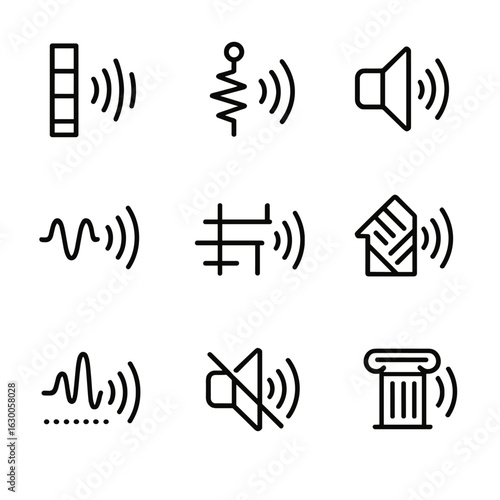 Soundwave Icon Set. Outline icon set of soundwave in engineering: soundproofing, vibration damping, audio system, mechanical waves