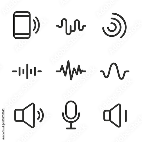 Sound Icon Set. Outline icon set of buzz in sound: vibration, hum, echo, frequency, noise, wave, speaker, microphone, volume.