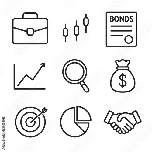 Investment Icon Set. Outline icon set of investment portfolio management: portfolio, stocks, bonds, growth