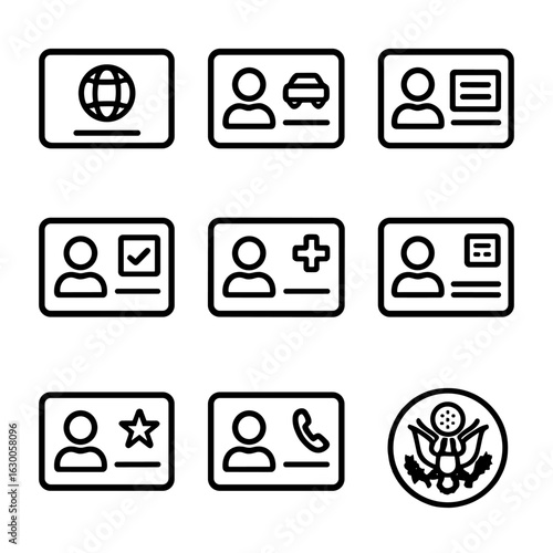 Government ID Icons. Outline icon set of government-issued ID cards: passport card, driver license, national ID, voter card,