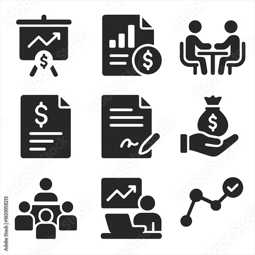 Investment Icons Set. Solid, filled icons set of investment process: pitch deck, business plan, negotiation,