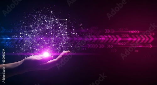 Hand Holding Glowing Purple Network Connection with Digital Arrows