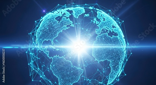 Connected Globe with Blue Network and Bright Center, Global Technology Concept