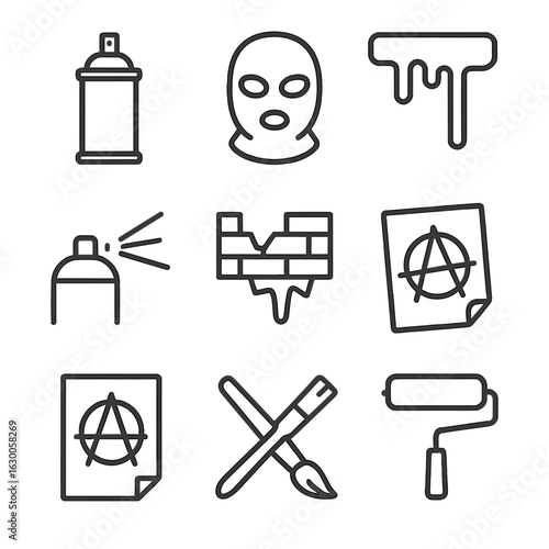 Graffiti Icon Set. Outline icon set of anarchic graffiti and street art: spray can, stencil mask, dripping paint, spray tag,
