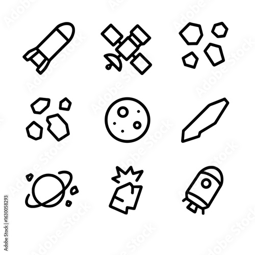 Space Debris Icons. Outline icon set of space debris objects: spent rocket stage, defunct satellite, paint flakes, fragmentation