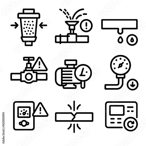 Irrigation System Icons. Outline icon set of irrigation system failures and fixes: clogged filter, broken