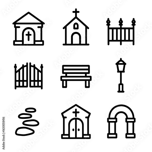 Graveyard Icon Set. Outline icon set of graveyard architecture: crypt, chapel, fence, gate, bench, lantern post, stone path,