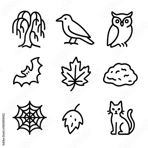 Graveyard Flora Fauna Icons. Outline icon set of graveyard flora and fauna: willow tree, ivy, raven, owl, bat, autumn leaf, moss,