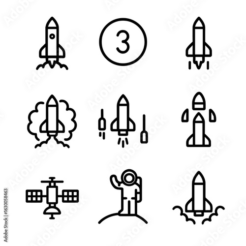Space Launch Icons. Outline icon set of space launch events: rocket ignition, countdown, rocket ascent, launch explosion, booster