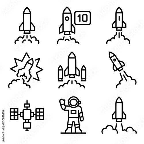 Space Launch Icons. Outline icon set of space launch events: rocket ignition, countdown, rocket ascent, launch explosion, booster