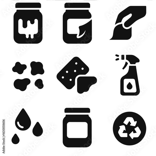 Jar Sticker Icons. Solid, filled icons set of jar sticker maintenance: sticky jar, peeled label, finger