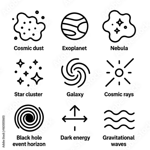 Deep Space Icons. Outline icon set of deep space phenomena observation: cosmic dust, exoplanet, nebula, star cluster, galaxy,