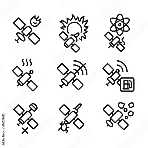 Space Probe Hazard Icons. Outline icon set of space probe hazards: micrometeoroid impact, solar flare, cosmic radiation, system