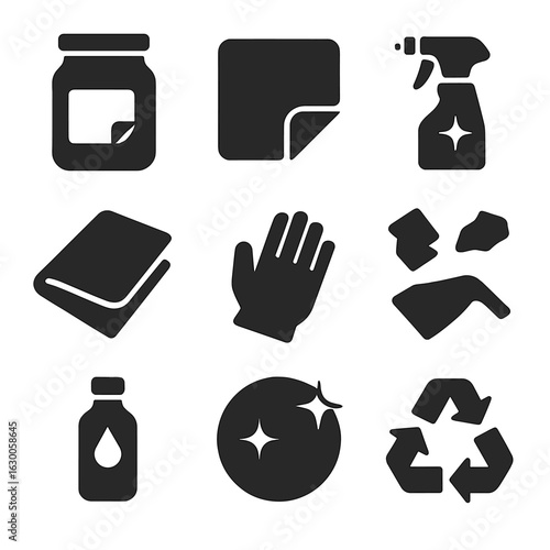 Jar Sticker Removal Icons. Solid, filled icons set of jar sticker removal and cleaning: glass jar, peeled