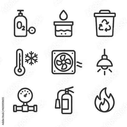 Space Station Icons. Outline icon set of space station life support: oxygen supply, water purifier, waste recycling, food storage,