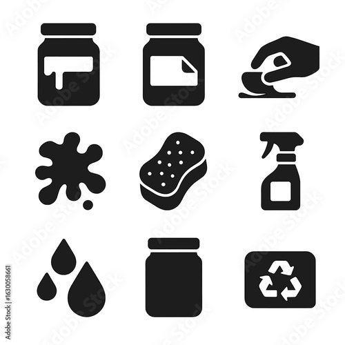 Jar Sticker Icons. Solid, filled icons set of jar sticker maintenance: sticky jar, peeled label, finger