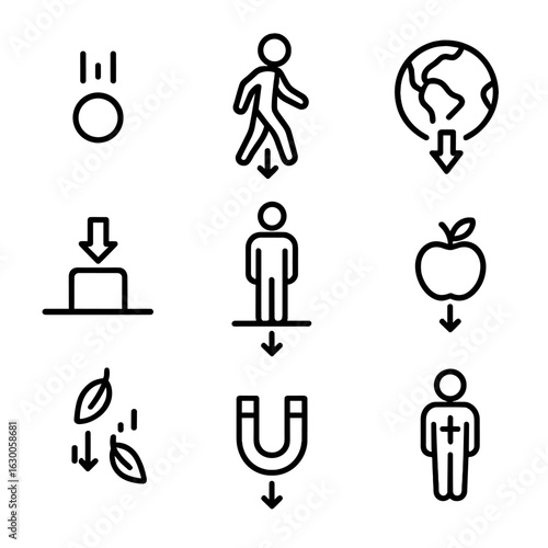 Gravity Icons Set. Outline icon set of gravity in everyday life: dropping ball, walking force, gravity on Earth, object weight,