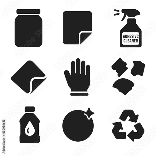 Jar Sticker Removal Icons. Solid, filled icons set of jar sticker removal and cleaning: glass jar, peeled