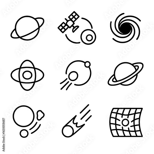 Gravity Space Icons. Outline icon set of gravity in space: orbiting planet, satellite in orbit, black hole, gravitational lensing,