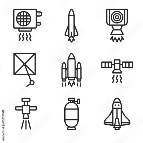 Space Propulsion Icons. Outline icon set of space propulsion: ion thruster, chemical rocket, plasma engine, solar sail, booster