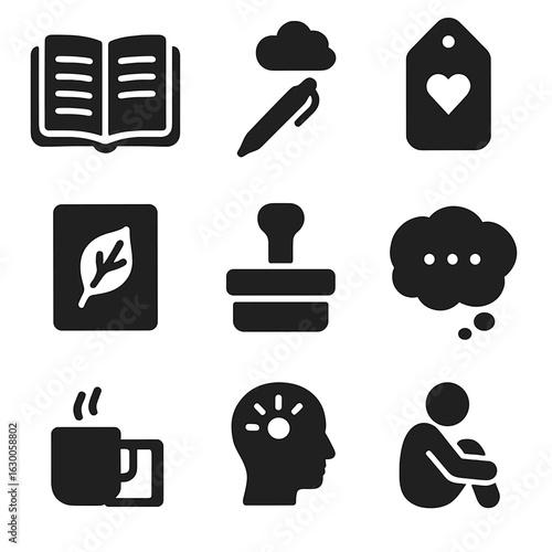 Journaling Icons Collection. Solid, filled icons set of journaling after morning walks: open notebook, pen