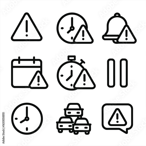 Delay Warning Icon Set. Outline icon set of delay warnings: exclamation mark, clock with warning, alarm bell, calendar alert,