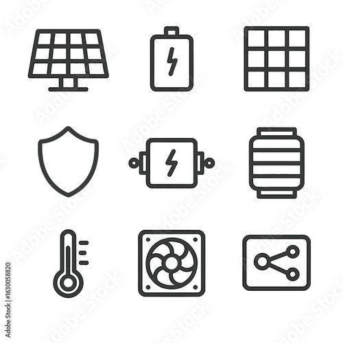 Space Technology Icons. Outline icon set of medium orbit power and thermal systems: solar panel, battery, thermal radiator, heat