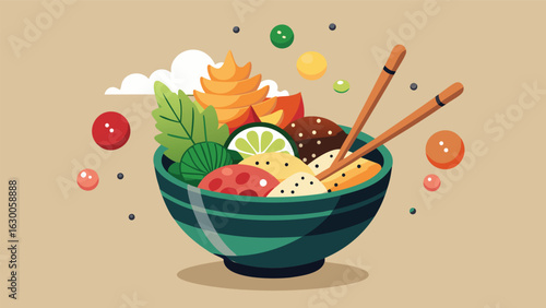 Illustration of a bowl filled with various colorful foods and chopsticks on a light brown background