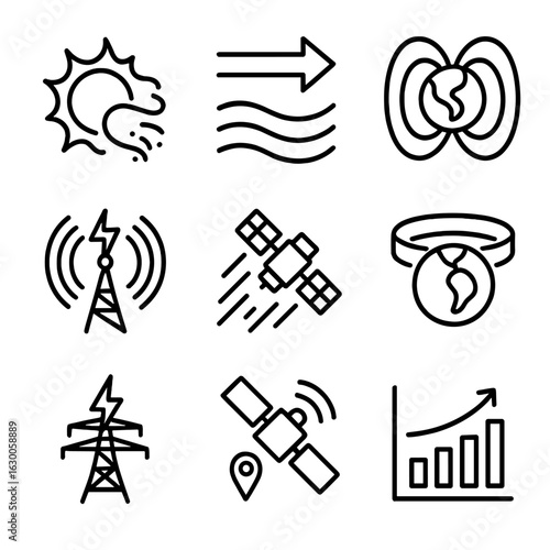 Space Weather Icons. Outline icon set of space weather events: CME burst, high-speed stream, geomagnetic storm, radio blackout,