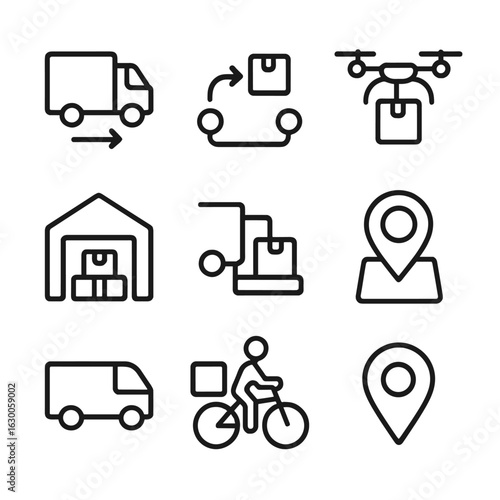 Delivery Icons. Outline icon set of delivery and logistics routes: delivery truck, parcel route, drone delivery, warehouse,