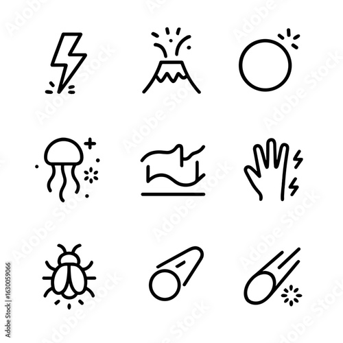 Spark Natural Phenomena Icons. Outline icon set of spark natural phenomena: lightning strike, volcanic spark, solar flare,