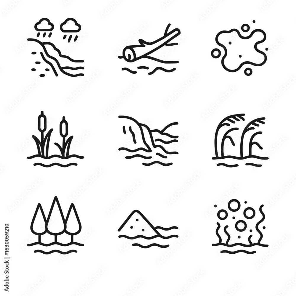 Fototapeta premium Deluge Effects Icons. Outline icon set of deluge environmental effects: soil erosion, fallen tree, mud puddle, swamp, riverbank