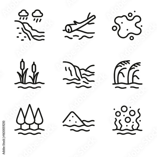 Deluge Effects Icons. Outline icon set of deluge environmental effects: soil erosion, fallen tree, mud puddle, swamp, riverbank