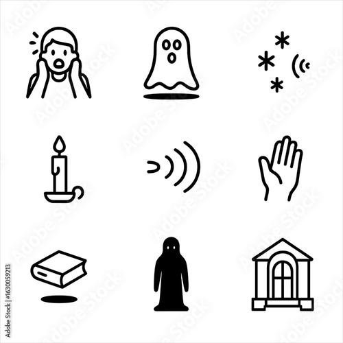 Spectral and Cemetery Icons. Outline icon set of spectral encounters: startled person, ghostly shadow, cold spot, flickering