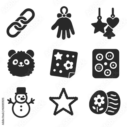 Kid-Friendly Ornament Crafts. Solid, filled icons set of kid-friendly ornament crafts: paper chains, handprint