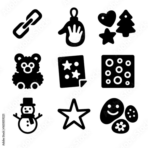 Kid-Friendly Ornament Crafts. Solid, filled icons set of kid-friendly ornament crafts: paper chains, handprint