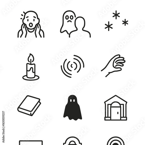 Spectral and Cemetery Icons. Outline icon set of spectral encounters: startled person, ghostly shadow, cold spot, flickering