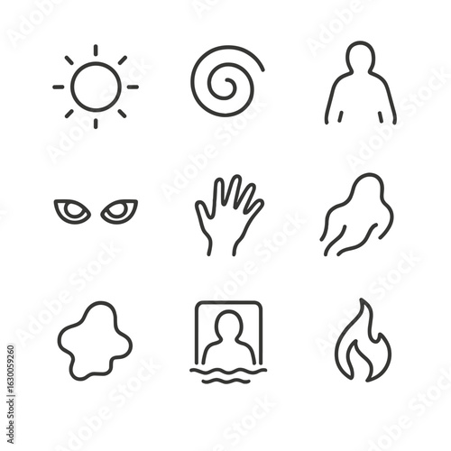 Spectral Phenomena Icons. Outline icon set of spectral phenomena: orb of light, mist swirl, shadow silhouette, glowing eyes