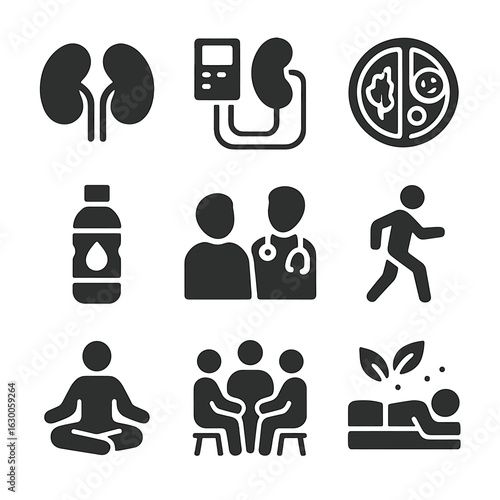 Kidney Health Icons. Solid, filled icons set of kidney disease health retreats: kidney icon, dialysis machine,